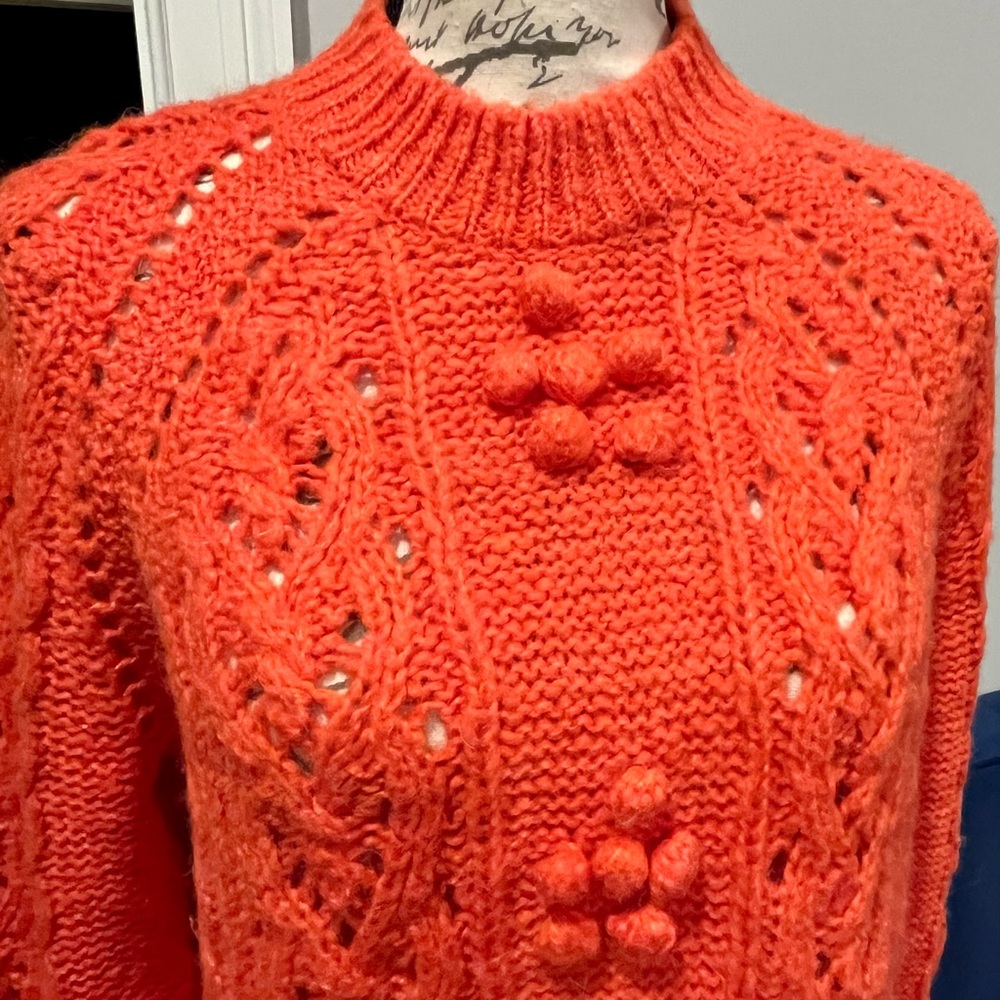 Women's Orange Cable Knit Pom Pom Sweater